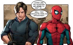  2boys absurdres animal_print beard_stubble black_gloves blue_bodysuit bodysuit brown_hair commentary crossover curtained_hair english_commentary facial_hair gloves highres holster large_pectorals leon_s._kennedy male_focus marvel multicolored_bodysuit multiple_boys muscular muscular_male pectorals peter_parker pizza990 print_bodysuit red_bodysuit resident_evil shirt short_hair shoulder_holster spider-man spider-man_(series) spider_print spider_web_print stubble superhero_costume tight_clothes tight_shirt two-tone_bodysuit weapon 