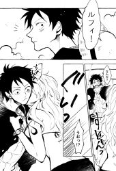  1boy 1girl abs bikini bikini_top_only bracelet commentary_request cross_scar greyscale hat highres jewelry kiss kissing_cheek log_pose long_hair monkey_d._luffy monochrome motion_lines nami_(one_piece) notice_lines one_piece open_clothes open_shirt sash scar scar_on_cheek scar_on_chest scar_on_face shi_camellia8 speed_lines straw_hat surprise_kiss surprised swimsuit unworn_hat unworn_headwear wavy_hair 