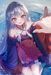  2girls absurdres aruttya_aru blue_kimono blush breasts cho_kaguya-hime! colored_inner_hair commentary english_commentary gradient_eyes highres japanese_clothes kimono long_hair looking_at_viewer multicolored_eyes multicolored_hair multiple_girls off_shoulder offering_hand oppai_loli pink_eyes pink_hair runami_yachiyo sakayori_iroha shide tearing_up umbrella_octopus white_hair 