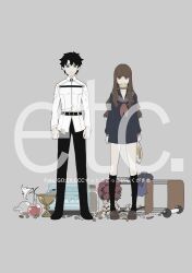  1boy 1girl arms_at_sides belt black_belt black_pants black_socks blue_eyes brown_eyes brown_hair brown_shoes chaldea_logo chaldea_uniform chewing closed_mouth clutter command_spell commentary_request copyright_name dumbbell english_text fate/extra fate/extra_ccc fate/grand_order fate_(series) flower flower_pot food_in_mouth fork fujimaru_ritsuka_(male) full_body grey_background holding holding_fork holy_grail_(fate) kishinami_hakuno_(female) kneehighs long_hair long_sleeves looking_at_viewer miniskirt mushi_(gooooooon) pants red_flower red_rose red_serafuku rose school_uniform serafuku shirt shoes short_hair skirt socks standing tsukumihara_academy_uniform_(fate/extra_ccc) white_shirt 