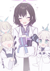  4girls absurdres arius_student_(blue_archive) armband birthday black_armband blonde_hair blue_archive blue_eyes blue_halo box brown_hair closed_eyes coat collared_shirt commentary_request flying_sweatdrops gift gift_box grey_shirt hair_over_eyes halo highres hugging_object light_blush long_hair loose_necktie low_twintails maia_(blue_archive) multicolored_hair multiple_girls necktie open_mouth purple_halo purple_necktie purple_streaks shirt short_braid short_hair simple_background smile streaked_hair subaru_(blue_archive) tachibana_(tachibanablac) twintails white_background white_coat 