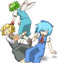  blonde_hair blue_hair cirno closed_eyes daiyousei hihachi multiple_girls o3o rumia short_hair touhou wings youkai 