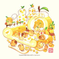  >_< +_+ animal bear cake capybara chef_hat chibi chibi_only commentary_request copyright_notice cream food fork fruit hat heart-shaped_mouth holding holding_fork in_food innertube korean_commentary leaf mandarin_orange no_humans orange_(fruit) orange_peel orange_slice original plant plate potted_plant simple_background sleeping swim_ring swiss_roll talbi watermark white_background 