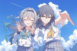  2girls absurdres blue_sky bow bowtie buttons closed_eyes clouds commentary contrail cosplay cowboy_shot cumulonimbus_cloud double-breasted double_v firefly_(honkai:_star_rail) firefly_(honkai:_star_rail)_(cosplay) firefly_(spring_missive)_(honkai:_star_rail) gradient_hair green_bow green_bowtie green_hair grey_hair grey_sailor_collar highres honkai:_star_rail honkai_(series) long_hair long_sleeves multicolored_hair multiple_girls neckerchief ninji665102 open_mouth plaid_bow plaid_bowtie plaid_clothes plaid_skirt pleated_skirt sailor_collar school_uniform serafuku shirt skirt sky stelle_(honkai:_star_rail) trailblazer_(honkai:_star_rail) two-tone_hair v white_shirt yellow_eyes yellow_neckerchief 