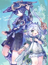  1boy 1girl anemo_symbol_(genshin_impact) arm_at_side armlet armor belt black_belt black_bodysuit black_hair black_shorts bloomers blue_cape blue_gem blue_hat blue_kimono blue_sky blue_sleeves blunt_ends blush bodysuit bracelet bridal_gauntlets bright_pupils cape choppy_bangs clear_sky colored_tips commentary_request cross-shaped_pupils detached_sleeves dress eyelashes eyeliner feathers gem genshin_impact gold gold_ring gold_trim green_cape green_eyes green_hair green_sleeves grey_bridal_gauntlets gurumin_(gurruguru) hair_ornament hakama hakama_shorts half_crown_braid hand_on_own_chest hand_up hat height_difference japanese_armor japanese_clothes jewelry jingasa juban kimono kote kurokote layered_sleeves leaf leaf_hair_ornament leg_warmers long_hair looking_at_another looking_at_viewer makeup mandarin_collar middle_ring multicolored_hair nahida_(genshin_impact) one_eye_closed open_clothes open_hand open_kimono open_mouth outdoors pleated_shorts pointy_ears pom_pom_(clothes) purple_rope purple_sash red_eyeliner rope sash scaramouche_(genshin_impact) short_sleeves shorts shoulder_peek side_cape side_ponytail sidelocks sky streaked_hair symbol-shaped_pupils tareme tassel tree twitter_username violet_eyes vision_(genshin_impact) wanderer_(genshin_impact) watermark white_bloomers white_dress white_hair white_kimono white_leg_warmers white_pupils white_sleeves yellow_feathers yellow_pupils 
