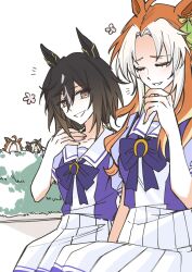  4girls absurdres ahoge animal_ears ark_koiz35 black_hair bow brown_hair commentary_request dream_journey_(umamusume) ear_bow ear_covers ear_ornament hair_between_eyes highres horse_ears horse_girl long_hair multicolored_hair multiple_girls orange_hair orfevre_(umamusume) oriental_art_(racehorse) original personification school_uniform single_ear_cover smile stay_gold_(umamusume) tracen_school_uniform two-tone_hair umamusume umamusume_horse_relations white_hair 