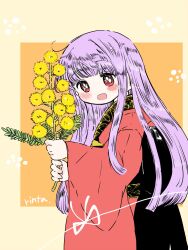  1girl :d alternate_hair_length alternate_hairstyle flower from_side highres holding holding_flower japanese_clothes kimono long_sleeves looking_at_viewer open_mouth purple_hair red_eyes red_kimono rin_tarou smile solo sukuna_shinmyoumaru touhou wide_sleeves yellow_background yellow_flower 
