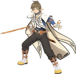  1boy artist_request belt belt_bag black_pants blue_shirt boots brown_belt brown_hair closed_mouth coat earrings feather_earrings feathers fighting_stance fingerless_gloves full_body game_cg gloves green_eyes highres holding holding_sword holding_weapon jewelry looking_at_viewer official_art orange_feathers pants sheath shirt short_hair solo sorey_(tales) standing sword tales_of_(series) tales_of_asteria tales_of_zestiria third-party_source transparent_background weapon white_boots white_coat white_gloves 