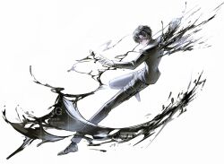  1boy black_hair black_jacket black_pants black_shoes black_socks black_suit commentary ellen6468 eye_mask from_side full_body gloves half_eye_mask highres holding holster index_(identity)_(project_moon) jacket leg_up limbus_company long_sleeves looking_at_viewer male_focus mask pants project_moon shoes short_hair simple_background socks solo suit thigh_holster untranslatable_commentary white_background white_gloves white_mask yellow_eyes yi_sang_(project_moon) 