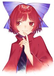  1girl absurdres black_shirt blue_bow bow capelet commentary_request finger_to_mouth hair_bow highres long_sleeves looking_ahead parted_bangs red_capelet red_eyes red_hair red_ribbon ribbon ribbon-trimmed_bow ribbon_trim sekibanki shirt short_hair simple_background smile solo toraneko_2 touhou upper_body vignetting white_background wide_sleeves 