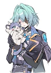  1boy anaxa_(honkai:_star_rail) animal animalization black_coat black_gloves blue_eyes blush_stickers chimera_(honkai:_star_rail) closed_eyes coat commentary eyepatch gloves green_hair hair_intakes hands_up hashtag-only_commentary highres holding holding_animal honkai:_star_rail honkai_(series) looking_down male_focus one_eye_closed open_mouth phainon_(honkai:_star_rail) phainon_(vigethos)_(honkai:_star_rail) reaching reaching_towards_another shirt short_hair simple_background sketch smile timaru58252589 white_background white_shirt 