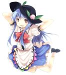  arms_behind_head blue_hair blush bow food fruit hat highres hinanawi_tenshi long_hair looking_at_viewer myuutsuu open_mouth peach red_eyes rough solo touhou white_background 