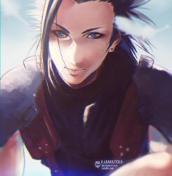  1boy armor artist_name black_hair blue_eyes blue_sky closed_mouth clouds cloudy_sky crisis_core:_final_fantasy_vii earrings english_commentary final_fantasy final_fantasy_vii ilabarattolo jewelry looking_at_viewer male_focus outdoors shoulder_armor sky sleeveless sleeveless_turtleneck solo spiky_hair stud_earrings suspenders sweater turtleneck turtleneck_sweater upper_body zack_fair 