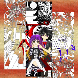  4girls asymmetrical_wings black_dress black_hair black_thighhighs blonde_hair bow bowtie cape center_frills crossed_legs dress finger_to_another's_cheek frills gradient_hair hijiri_byakuren houjuu_nue kams looking_at_another maribel_hearn multicolored_hair multiple_girls pagoda print_dress purple_hair red_bow red_bowtie red_eyes short_hair thigh-highs touhou usami_renko white_dress wings yellow_eyes zettai_ryouiki zun_(style) 