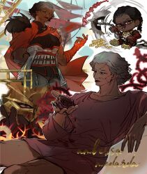  1girl absurdres alternate_costume ambessa_(league_of_legends) arcane:_league_of_legends bandaged_arm bandages character_name chibi chinese_commentary chinese_text close-up closed_mouth collarbone commentary_request dark-skinned_female dark_skin english_text flower fur_trim gradient_hair grey_hair head_tilt highres holding holding_flower holding_sword holding_weapon league_of_legends looking_at_viewer looking_down looking_to_the_side mine00451 multicolored_hair muscular muscular_female no_pants orange_eyes outdoors pants parted_lips plant red_flower red_lips red_rose rose scar scar_on_face shade short_hair sitting standing sword thorns upper_body very_dark_skin weapon 