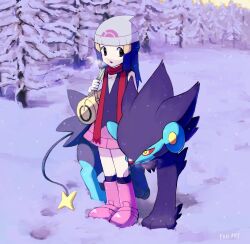 1girl bag beanie bishamon_(usagi_ba) black_socks blue_hair boots breath brown_eyes colored_sclera day dress hat highres hikari_(pokemon) kneehighs long_hair luxray outdoors parted_lips pink_boots pokemon pokemon_(creature) pokemon_dppt red_scarf red_sclera scarf sleeveless sleeveless_dress snow snowing socks standing tree white_hat yellow_eyes 