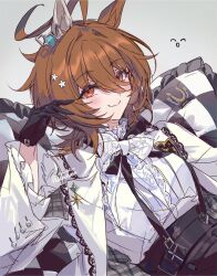  1girl ^_^ agnes_tachyon_(umamusume) alternate_costume animal_ears black_gloves bow bowtie brown_hair checkered_pillow closed_eyes closed_mouth commentary_request earrings gloves grey_background hair_between_eyes horse_ears horse_girl jewelry korean_commentary long_sleeves looking_at_viewer medium_hair reclining red_eyes shirt signature simple_background single_earring smile solo suspenders umamusume upper_body welchino white_bow white_bowtie white_shirt 