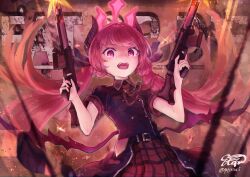  1girl artist_name assault_rifle belt blue_archive commentary_request eicam from_below gun halo highres horns junko_(blue_archive) looking_at_viewer red_eyes red_hair red_halo rifle skirt stg44 stg44_(girls'_frontline) weapon 