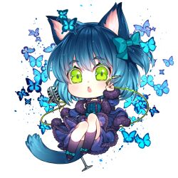  1boy :o animal_ear_fluff animal_ears aqua_bow bare_shoulders black_shoes black_socks blue_butterfly blue_dress blue_hair blue_jacket blue_tail blush bow bug butterfly cat_boy cat_ears cat_tail center_frills chibi chibi_only colored_eyelashes commentary commission convenient_leg crossdressing crossdressing_(mtf) dress english_commentary eyes_visible_through_hair fang footwear_bow frilled_dress frills full_body fur-trimmed_jacket fur_trim green_eyes hair_between_eyes hair_bow hand_up holding holding_microphone_stand invisible_chair jacket jacket_partially_removed kneehighs knees_up long_sleeves looking_ahead male_focus microphone_stand one_side_up open_clothes open_jacket open_mouth puffy_long_sleeves puffy_sleeves ryoune_yami shoes short_dress short_hair simple_background sitting skin_fang sleeveless sleeveless_dress slit_pupils socks solo swept_bangs tail tareme tongue trap ultracat utau v white_background 