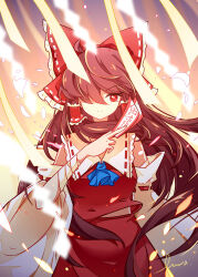  1girl ahoge ascot bare_shoulders between_fingers blue_ascot bow brown_hair chinese_commentary collared_shirt commentary_request cowboy_shot detached_sleeves frilled_bow frilled_hair_tubes frilled_shirt_collar frills grey_shirt hair_bow hair_over_one_eye hair_tubes hakurei_reimu hand_up holding holding_ofuda long_hair long_sleeves looking_at_viewer munchem-muni nontraditional_miko ofuda partial_commentary red_bow red_eyes red_skirt ribbon-trimmed_sleeves ribbon_trim shirt signature skirt skirt_set sleeveless sleeveless_shirt solo standing touhou white_sleeves wide_sleeves 