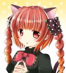  animal_ears bow braid cat_ears cat_tail dress hair_bow kaenbyou_rin multiple_tails open_mouth red_eyes red_hair redhead ribbon short_hair solo tail takahasiy touhou twin_braids 