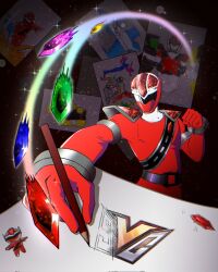  1boy armor blue_gem bodysuit gem green_gem highres holding holding_pen kiramei_red liquidzerom mashin_sentai_kiramager pen pink_gem red_armor red_bodysuit red_gem solo super_sentai tokusatsu yellow_gem 