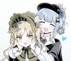  2girls :d behind_another black_bow black_bowtie black_capelet black_flower black_hat black_rose blonde_hair blue_flower blue_hair blue_necktie blue_rose blush bonnet bow bowtie capelet chinstrap closed_eyes collared_shirt deerstalker facing_viewer flower ggulchoo green_bonnet green_eyes hair_flower hair_ornament hair_rings hands_on_another's_cheeks hands_on_another's_face hat hat_bow heart heart-shaped_mouth long_sleeves looking_at_another looking_to_the_side mahou_shoujo_no_majo_saiban multiple_girls necktie open_mouth rose shirt short_hair smile tachibana_sherry tono_hanna twintails upper_body white_bow white_flower white_rose white_shirt yellow_flower yellow_rose 