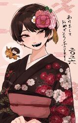  1girl absurdres black_kimono brown_eyes brown_hair chibi floral_print floral_print_kimono flower hair_flower hair_ornament happy_new_year highres horse japanese_clothes kimono koucha_(pankeki_koucha) kuromitsu_hana_(koucha) open_mouth original piercing print_kimono short_hair tomboy 