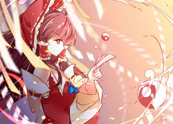  1girl ascot bare_shoulders blue_ascot bow bright_pupils brown_hair chest_sarashi collared_shirt commentary_request detached_sleeves frilled_bow frilled_hair_tubes frilled_shirt_collar frills from_side hair_bow hair_tubes hakurei_reimu hand_up holding holding_ofuda long_hair long_sleeves looking_at_viewer munchem-muni nontraditional_miko ofuda orb red_bow red_eyes red_shirt ribbon-trimmed_sleeves ribbon_trim sarashi shirt sideways_glance signature sleeveless sleeveless_shirt solo touhou white_pupils white_sleeves wide_sleeves yin_yang yin_yang_orb 