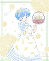  1girl :d basket blue_hair border commentary_request dress food food_print fruit fruit_background fruit_print highres holding holding_basket lemon lemon_print ornate_border ranma_1/2 shii_rumic short_hair signature smile striped_clothes striped_dress tendou_akane yellow_eyes 