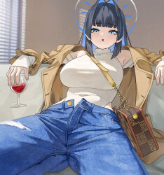  1girl :o arm_rest bag black_hair blue_eyes blue_hair blunt_bangs blush breasts brown_coat casual clothing_cutout coat colored_inner_hair commentary couch cup denim drinking_glass earrings english_commentary fingernails gurumie hair_intakes halo highres holding holding_cup hololive hololive_english indoors jeans jewelry large_breasts leaning_back long_hair long_sleeves looking_at_viewer mechanical_halo multicolored_hair official_alternate_costume official_alternate_hairstyle on_couch open_clothes open_coat open_fly open_mouth ouro_kronii ouro_kronii_(casual) pants shirt shoulder_bag shoulder_cutout sitting sleeves_past_wrists solo spread_legs sweatdrop torn_clothes torn_pants virtual_youtuber white_shirt window_blinds 