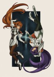  2girls anniversary artist_collaboration black_pantyhose blue_eyes boots border breasts brown_pantyhose cape commentary dress eizyth elhaym_van_houten english_commentary floating_hair highres long_hair medium_breasts miang_hawwa multiple_girls orange_cape orange_hair outside_border pantyhose purple_hair short_dress two-sided_cape two-sided_fabric white_boots white_border white_dress xenogears zest_(rhythmshock) 