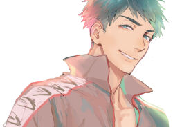  1boy adam's_apple bilingual_commentary black_hair closed_mouth commentary_request english_commentary free! green_eyes jacket looking_at_viewer male_focus mixed-language_commentary mjo open_clothes open_jacket short_hair sideburns simple_background smile solo track_jacket white_background yamazaki_sousuke 