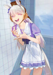  1girl animal_ears blunt_bangs bow bowtie breasts brown_hat commentary ear_bow ear_ribbon english_commentary gold_ship_(umamusume) grey_hair hat highres horse_ears horse_girl horse_tail laughing long_hair looking_at_viewer open_mouth pillbox_hat pleated_skirt purple_bow purple_bowtie purple_shirt purple_skirt raneblu sailor_collar sailor_shirt school_uniform shirt skirt smile solo tail teeth tracen_school_uniform umamusume violet_eyes white_sailor_collar white_skirt 