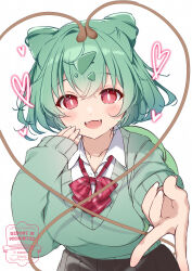  1girl :3 :d absurdres blush bow bowtie bright_pupils collared_shirt commentary_request dot_nose fangs green_hair green_sweater gyaru_bulbasaur_(shin_no_tenpii) gyaru_v hand_up heart heart_tail highres long_sleeves looking_at_viewer mikeou open_mouth personification pokemon red_bow red_bowtie red_eyes school_uniform shirt short_hair simple_background sleeves_past_wrists smile solo striped_bowtir sweater tail upper_body v watermark white_background white_pupils white_shirt 