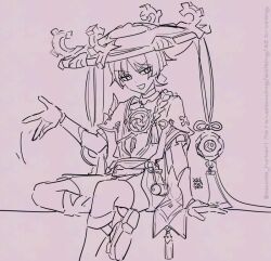  1boy apollo_hotori arm_at_side armor blunt_ends bodysuit choppy_bangs commentary_request frilled_sleeves frills furisode genshin_impact hand_up hat japanese_armor japanese_clothes jewelry jingasa juban kimono kote layered_sleeves looking_at_viewer male_focus mandarin_collar mitsudomoe_(shape) neck_ring open_clothes open_hand open_kimono open_mouth rope royal_ease sash scaramouche_(genshin_impact) sepia shimenawa short_sleeves shorts sitting sketch solo tassel tomoe_(symbol) tsurime v-shaped_eyebrows 