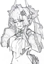  1girl arknights arknights:_endfield black_horns crop_top crying dragon_girl dragon_horns dragon_tail hair_around_horn hair_intakes hair_ornament hairpin hands_up highres horns long_sleeves monochrome multicolored_horns navel one_eye_closed pointy_ears sad senpuki sketch stomach tail tail_pouch teeth thick_eyebrows twintails two-tone_horns yvonne_(arknights) 