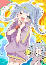 >_< 1girl ;d ahoge blue_eyes blue_hair blush closed_eyes commentary_request hands_on_own_face hatsune_miku highres long_hair looking_at_viewer one_eye_closed open_mouth pom_pom_(cheerleading) pom_poms shigure_(rinky_creater) shirt smile sweat sweatdrop symbol-shaped_pupils telepathy_(vocaloid) twintails vocaloid white_shirt wink wristband
