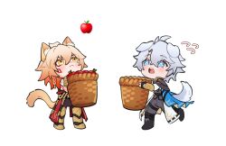  2boys animal_ears antenna_hair apple arm_tattoo armlet armor armored_boots basket black_boots black_coat black_gloves black_pants black_shirt blonde_hair blue_eyes blush_stickers boots braid cat_boy cat_ears cat_tail chest_tattoo coat commentary dog_boy dog_ears dog_tail earrings facial_tattoo fingerless_gloves food fruit gauntlets gloves gold_earrings gold_necklace gradient_hair holding holding_basket honkai:_star_rail honkai_(series) jewelry lin_(chuuchuyi) male_focus medium_hair multicolored_hair multiple_boys mydei_(honkai:_star_rail) necklace open_clothes open_coat pants parted_bangs pauldrons phainon_(honkai:_star_rail) red_hair red_tattoo shirt short_hair shoulder_armor side_braid single_pauldron tail tattoo transparent_background untranslatable_commentary white_coat white_hair yellow_eyes 