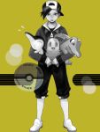  1boy bandaid baseball_cap black_hair chikorita cyndaquil gold_(pokemon) gold_(pokemon)_(remake) hat holding pokemon pokemon_(creature) pokemon_(game) pokemon_gsc pokemon_hgss shoku_jaku tegaki title_drop totodile 