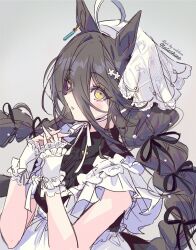 1girl alternate_costume animal_ears apron black_dress black_hair black_ribbon bonnet braid commentary_request dress earrings fingerless_gloves gloves grey_background hair_between_eyes hair_ribbon horse_ears horse_girl interlocked_fingers jewelry korean_commentary long_bangs long_hair looking_at_viewer manhattan_cafe_(umamusume) own_hands_together parted_lips ribbon short_sleeves signature simple_background single_earring solo twin_braids umamusume upper_body welchino white_apron white_bonnet white_gloves yellow_eyes 