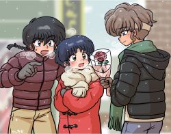  1girl 2boys black_coat black_hair blue_eyes blue_hair blurry blurry_background braid brown_coat brown_eyes brown_hair closed_mouth coat cold flower gloves green_eyes green_scarf grey_gloves hetero holding holding_flower multiple_boys pants ranma_1/2 red_coat red_flower red_rose rose saotome_ranma scarf single_braid tendou_akane touma_(ranma_1/2) wanta_(futoshi) white_scarf yellow_pants 