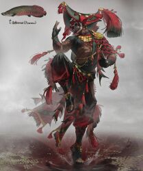  1boy arm_strap beard black_gloves black_mask black_pants black_shirt black_shoes covered_face crop_top dark_skin elbow_gloves facial_hair fighting_stance fingerless_gloves fog full_body gloves gradient_pants hands_up hat head_tilt highres knee_up looking_at_viewer male_focus mature_male muscular muscular_male o-ring o-ring_arm_strap original pants red_eyes red_pants reference_inset rinotuna shirt shoes short_hair solo standing standing_on_one_leg tassel toes very_short_hair white_hair 