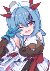  1girl ;d absurdres arm_behind_back bare_shoulders blue_gloves blue_hair braid breasts colphne_(girls'_frontline_2) commentary detached_sleeves girls'_frontline_2:_exilium girls_frontline gloves hair_between_eyes hair_ornament hair_ribbon hairclip hand_up happy hat highres looking_at_viewer medium_breasts medium_hair nurse_cap one_eye_closed red_eyes red_ribbon ribbon risu_(risu028) smile solo twin_braids twintails v v_over_eye 