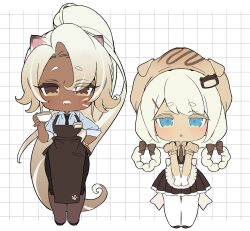  2girls absurdly_long_hair alternate_costume alternate_hairstyle animal_ears animal_hat apron bare_arms black_dress black_pantyhose black_shoes black_skirt blue_eyes blue_shirt blush bow braid braided_hair_rings breasts brown_apron brown_bow brown_hat brown_shirt cat_ears cat_girl chibi chibi_only chocolate_syrup closed_mouth collared_shirt colored_eyelashes commentary_request cookie_run cookie_run:_kingdom cream_puff_cookie cup curtained_hair dark-skinned_female dark_skin dog_hat dress expressionless eyes_visible_through_hair facial_mark frilled_apron frills full_body gloves gradient_hair grid_background hair_bow hair_ornament hair_over_one_eye hair_rings hand_on_own_chest hand_on_own_hip hand_up hat height_difference high_ponytail highres holding holding_cup humanization jitome korean_commentary latte_cookie legs_together long_hair looking_at_viewer low_twin_braids medium_breasts medium_skirt multicolored_hair multiple_girls ohta_guk_hip open_mouth pantyhose pencil_skirt pinky_out pinstripe_pattern pinstripe_shirt ponytail puffy_short_sleeves puffy_sleeves raised_eyebrows shirt shoes short_eyebrows short_sleeves side_slit skirt sleeveless sleeveless_dress smile standing straight-on streaked_hair swept_bangs teacup three-quarter_sleeves twin_braids two-tone_hair v_arms very_long_hair waist_apron whisker_markings white_apron white_background white_gloves white_hair white_pantyhose wide_hips 
