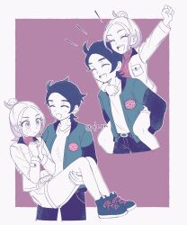  1boy 1girl arm_up belt belt_buckle blush border buckle carrying closed_eyes commentary_request cropped_sweater green_jacket hetero highres jacket long_sleeves midriff_peek navel open_clothes open_jacket open_mouth oto_(qls_xn) outside_border parted_bangs paxton_(pokemon) piggyback pokemon pokemon_legends:_z-a princess_carry raised_fist red_sweater shirt short_hair short_shorts shorts smile sweatdrop sweater taunie_(pokemon) turtleneck turtleneck_sweater white_border white_shirt 