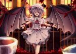  ascot bat_wings brooch cup hat jewelry miyaoi open_mouth petals red_eyes remilia_scarlet skirt skirt_set smile solo teacup touhou wings wrist_cuffs 