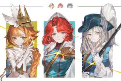  3girls absurdres ascot blue_eyes blue_hat blue_jacket blue_vest brown_gloves buttons cape closed_mouth club_(weapon) commentary double-breasted dress glint gloves green_eyes grey_eyes grey_hair gun hair_ornament hand_up hat hat_feather highres holding holding_club holding_gun holding_quill holding_weapon jacket long_braid long_hair looking_at_viewer marsha_(reverse:1999) multiple_girls official_alternate_costume orange_hair quanx70909457 quill red_hair reverse:1999 rifle sentinel_(reverse:1999) shirt short_hair sonetto_(reverse:1999) sonetto_(the_steadfast_heart)_(reverse:1999) untranslatable_commentary upper_body vest weapon white_ascot white_background white_cape white_dress white_gloves white_shirt wing_hair_ornament 