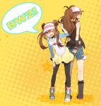  4gnal ;d baseball_cap blue_eyes blush brown_hair denim denim_shorts double_bun female_protagonist_(pokemon_bw2) from_behind hat leaning legwear_under_shorts long_hair looking_back mei_(pokemon) multiple_girls open_mouth pantyhose pokemon pokemon_(game) pokemon_bw pokemon_bw2 ponytail raglan_sleeves raichi_(28bit!!) shorts skirt smile touko_(pokemon) twintails visor visor_cap wink 