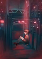  1girl abandoned absurdres against_wall black_hair brown_hair brown_hat brown_jacket brown_shoes brown_shorts chain-link_fence closed_mouth commentary_request elevator_shaft factory fence from_side geta hat highres jacket kneehighs knees_up light_rays limited_palette necktie overlighting photo-referenced pink_light pink_sky pointy_ears red_eyes red_necktie scaffolding shameimaru_aya shameimaru_aya_(newsboy) shirt shoes short_hair shorts sitting sky socks solo tengu-geta toraneko_2 touhou white_shirt white_socks window wooden_wall 